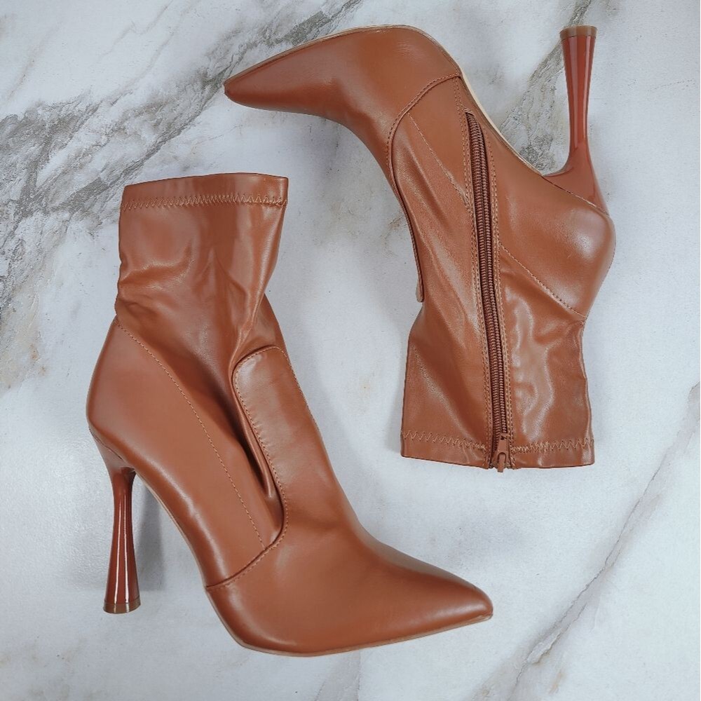 X2B Cognac Stretch Faux Leather Flared Heel Pointed Toe Ankle Boots Booties, 7.5